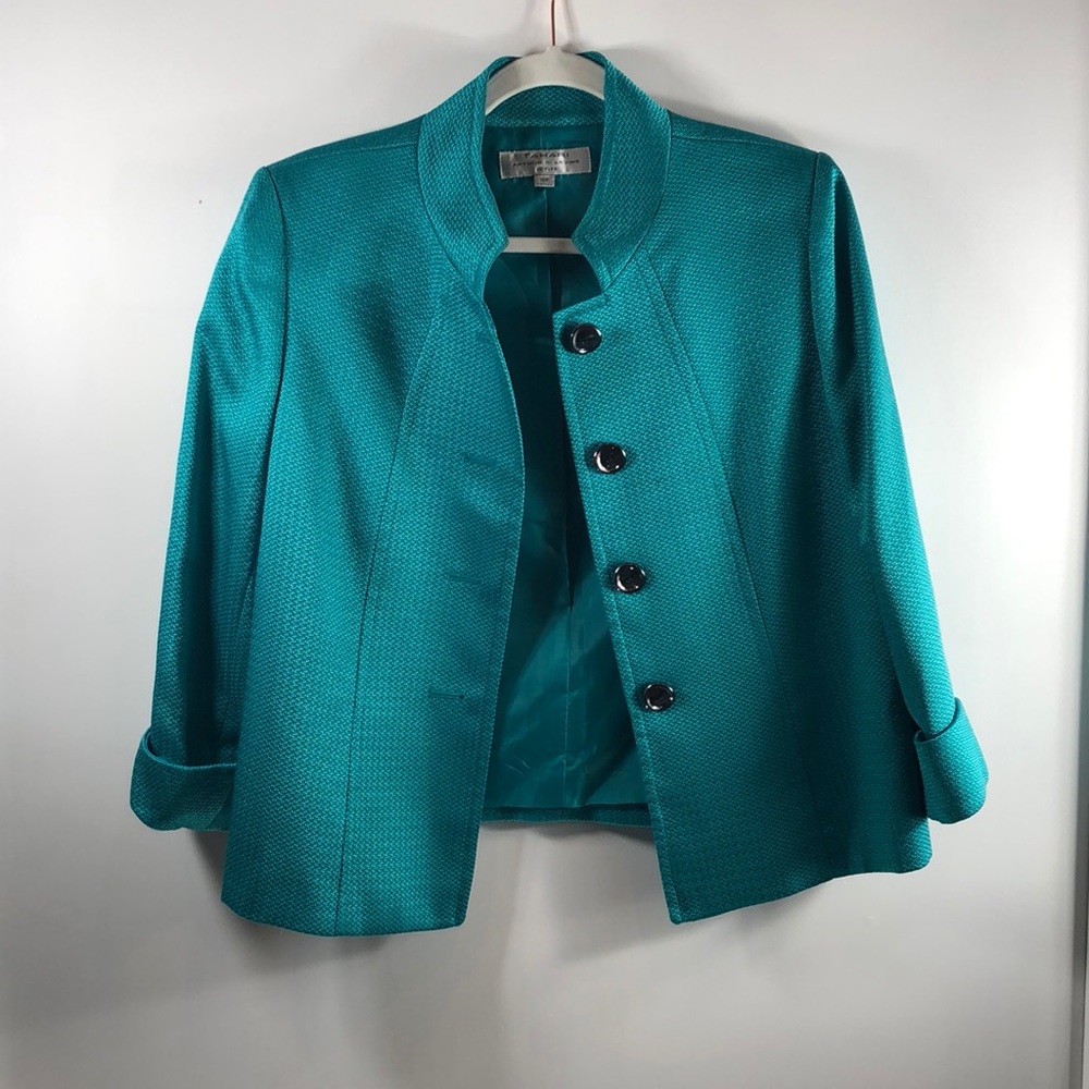 Tahari Petite Teal Green textured woven blazer